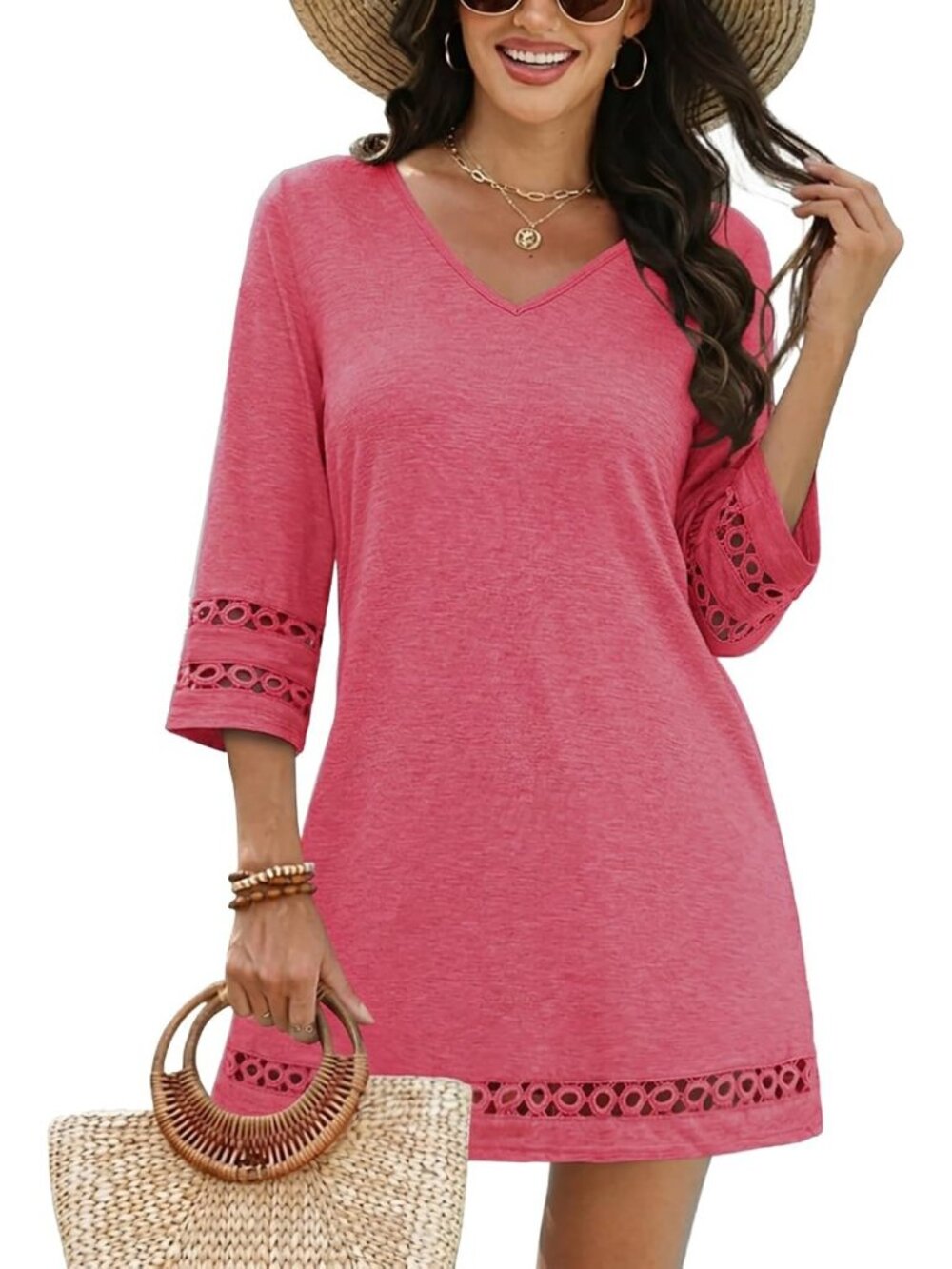 Women's Hot Pink Polyester Coverup Beach Swimsuit Coverup Bathing Suit Cover Up